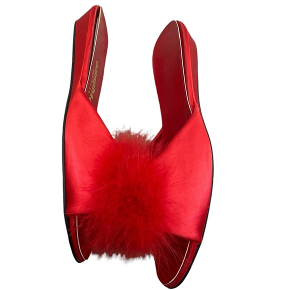 Rare vintage red satin fluffy feather peep toe glamorous house slippers - Picture 3 of 3